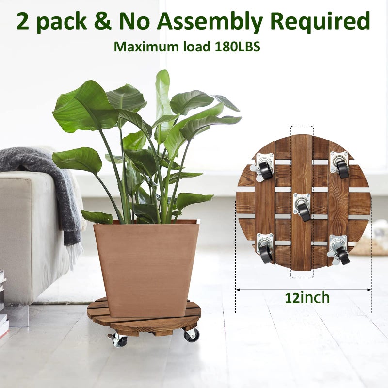 Yangbaga 2pack Plant Caddy 12â€™â€™Wood Duty Rolling Plant Stand with 2 360Â° Lockable Caster Wheels,Indoor Outdoor on Roller Patio/Flower Pot/Succulent Pots - Image 3
